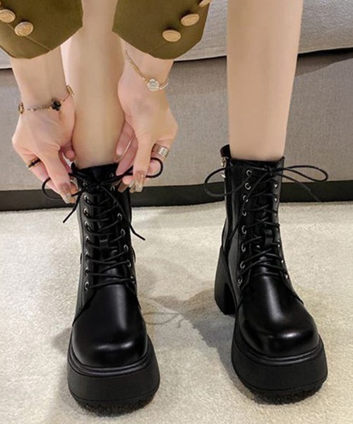 COCOMOMO ブーツ レースアップブーツ 厚底 ショートブーツ レース