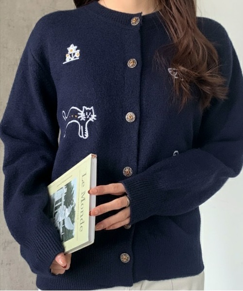 ニットカーディガン 猫刺繍（レディースファッション） | ファッション