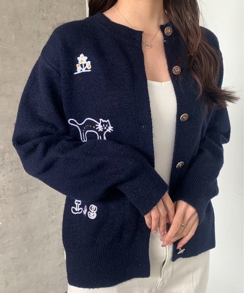 ニットカーディガン 猫刺繍（レディースファッション） | ファッション