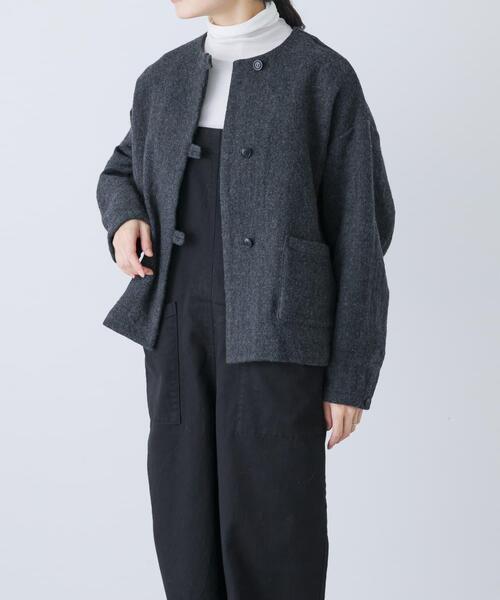 かぐれ ジャケット ノーカラージャケット ウールクルーネック