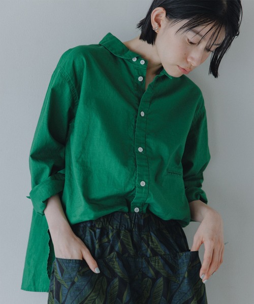 グリーンシャツ（メンズM、レディースも着用可能） D.M.G. ブラウス シャツ 「D.M.G / ディーエムジー」 綿麻ポプリン