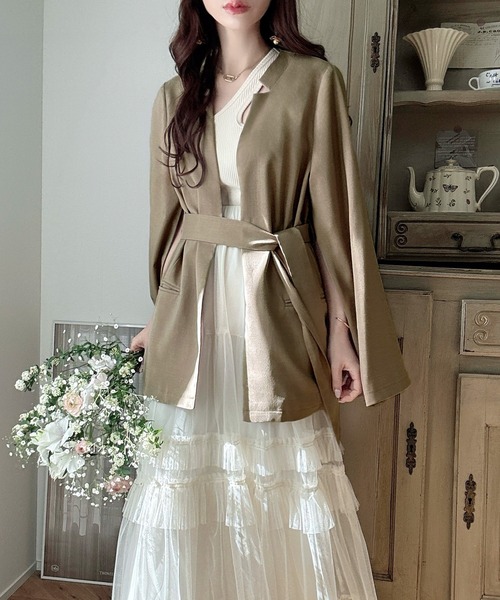 「Meiru」 ノーカラージャケット MEDIUM グレイッシュベージュ レディース_画像7