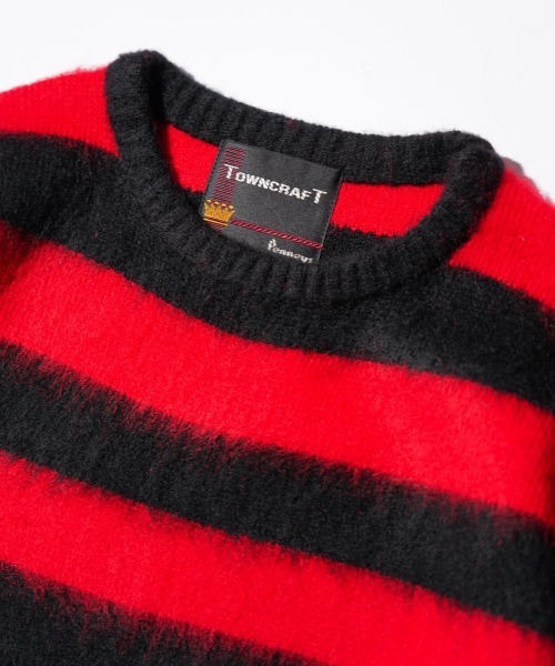 タウンクラフト モヘア調 ニットカーディガン 赤✖️黒 ボーダー シャギー TOWNCRAFT（タウンクラフト） セーター ニット BORDER SHAGGY CREW