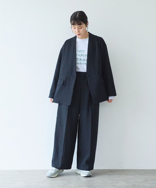 美品 yuni リネン混セミダブルジャケット 黒 yuni ジャケット ノーカラージャケット Linen/Polyester double cocoon