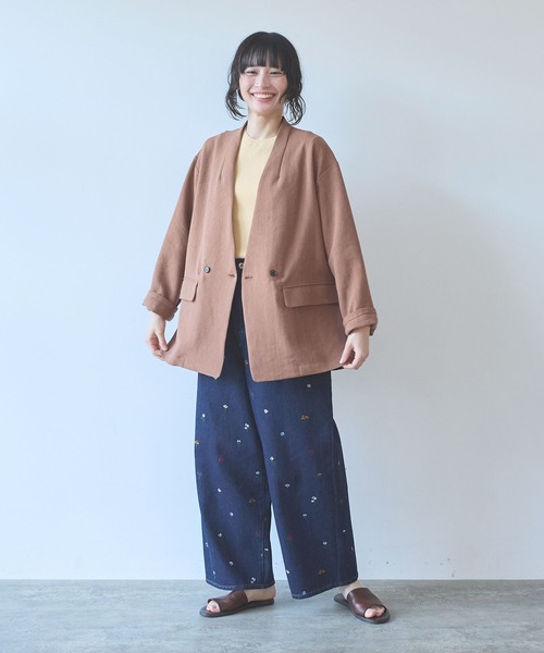 yuni ジャケット ノーカラージャケット Linen/Polyester double cocoon