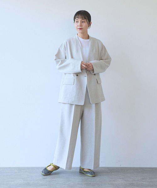 yuni ジャケット ノーカラージャケット Linen/Polyester double cocoon