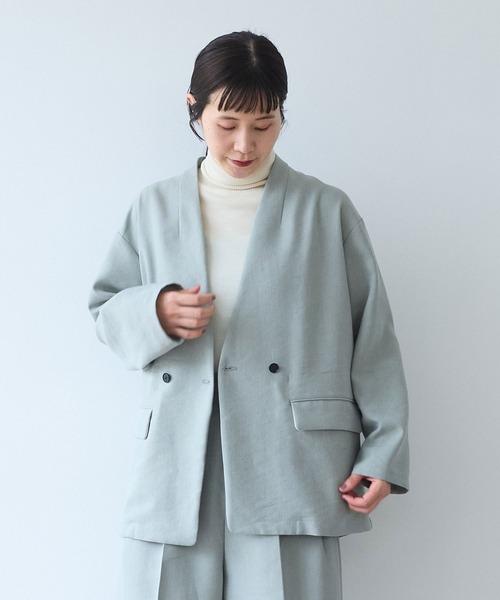 yuni ジャケット ノーカラージャケット Linen/Polyester double cocoon 