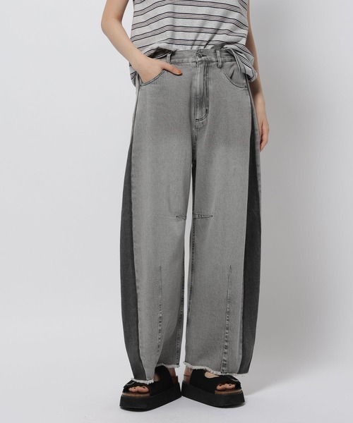 ワイドパンツ ジーンズ デニム デニムパンツ セルフカットカーブパンツ　デニムパンツ レディースの画像