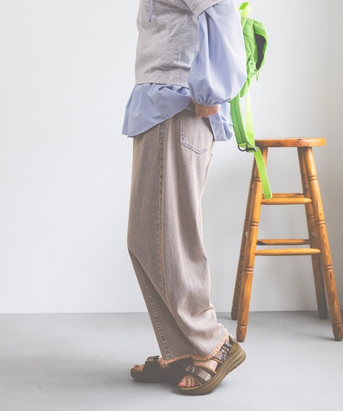 ワイドパンツ ジーンズ デニム デニムパンツ セルフカットカーブパンツ　デニムパンツ レディースの画像