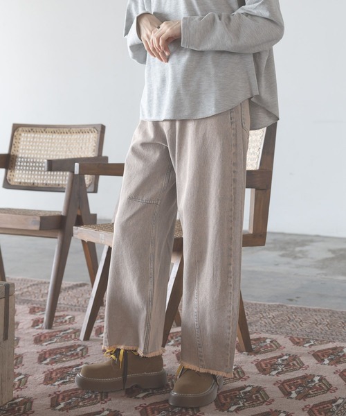 ワイドパンツ ジーンズ デニム デニムパンツ セルフカットカーブパンツ　デニムパンツ レディースの画像
