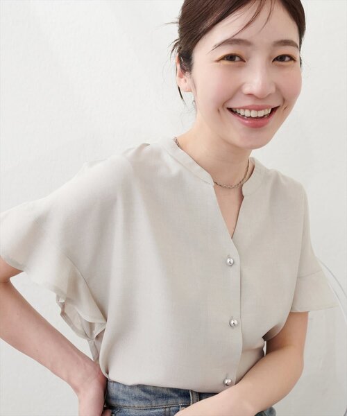 natural couture ブラウス シャツ 「sherbet line」麻調合繊フリル袖
