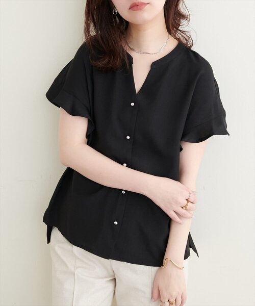 natural couture ブラウス シャツ 「sherbet line」麻調合繊フリル袖