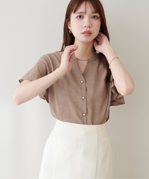natural couture ブラウス シャツ 「sherbet line」麻調合繊フリル袖