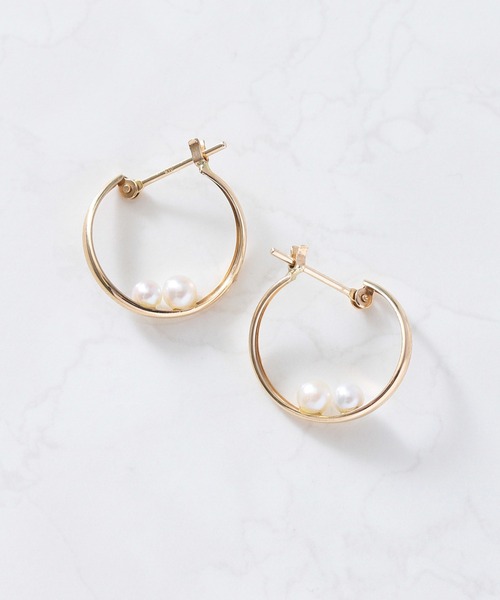 ピアス K10 pearl パール2粒 フープピアス レディースの画像