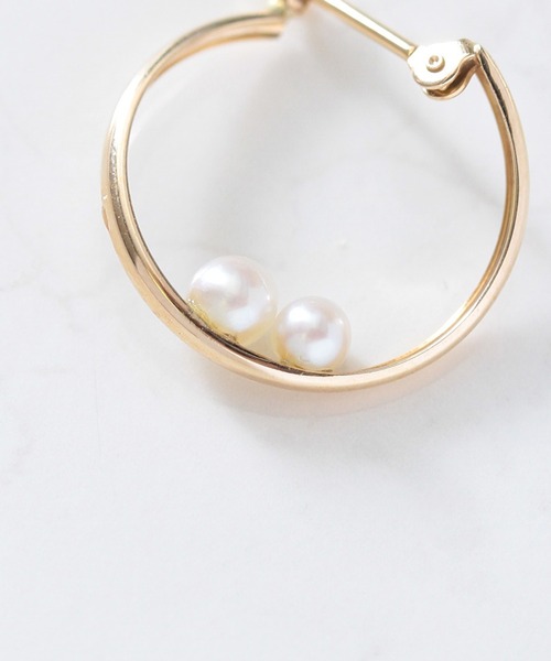ピアス K10 pearl パール2粒 フープピアス レディースの画像