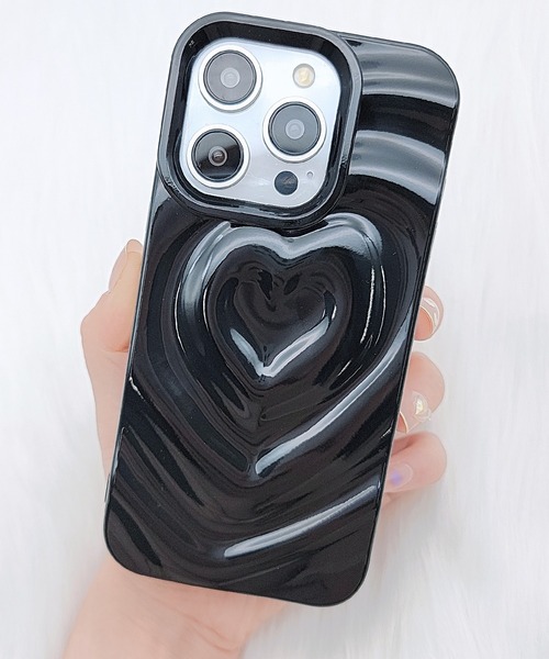 ハート型装飾の黒いケース Lace Ladies（レースレディース） スマホケース 立体ハートスクエア