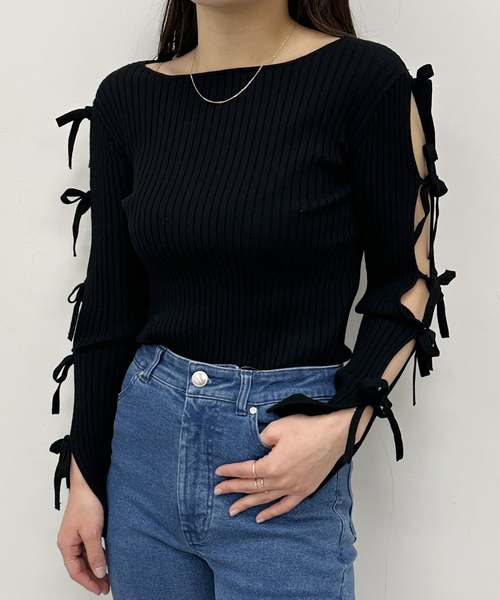 U by SPICK&SPAN◆リボンディテールニットトップス/レーヨン/BLK/無地/24080212311010// U by SPICK&SPAN ニット リボンディテールニットトップス