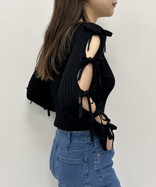 U by SPICK&SPAN◆リボンディテールニットトップス/レーヨン/BLK/無地/24080212311010// U by SPICK&SPAN ニット リボンディテールニットトップス