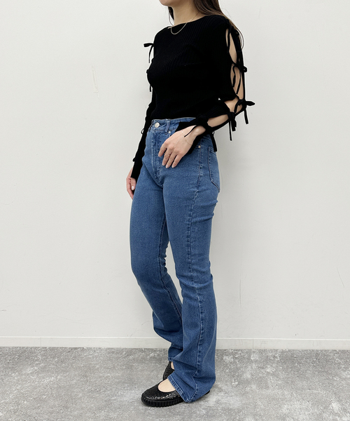 U by SPICK&SPAN◆リボンディテールニットトップス/レーヨン/BLK/無地/24080212311010// U by SPICK&SPAN ニット リボンディテールニットトップス