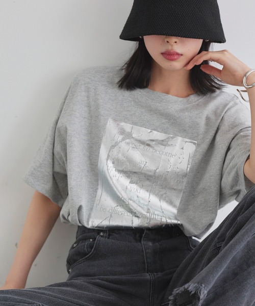 LIAN tシャツ 箔プリントオーバーサイズT レディース メンズ