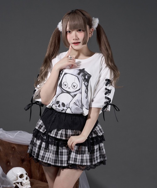 Pal elfy（パルエルフィー）　コットンレース付きビッグTシャツ Pal elfy tシャツ うさみみ袖レースアップT レディース