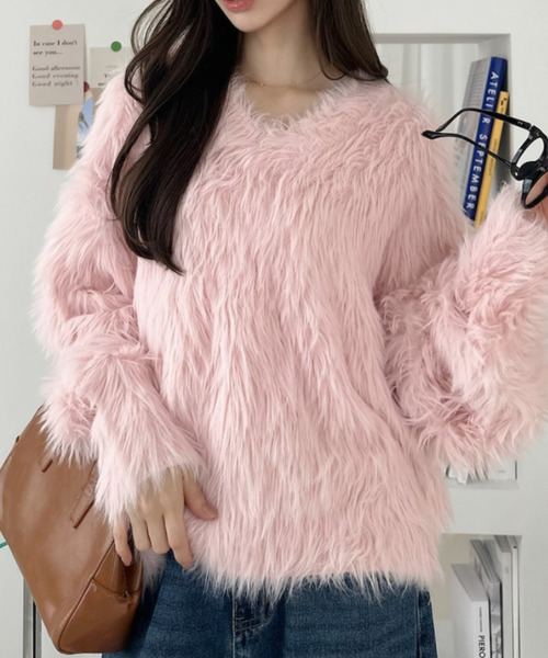 Ada. ニット セーター 長毛 フェザーヤーン Vネック シャギー ニット