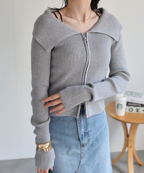 ニット セーター オフショルダージップアップニットトップス/TOPS/オフショルダー レディース