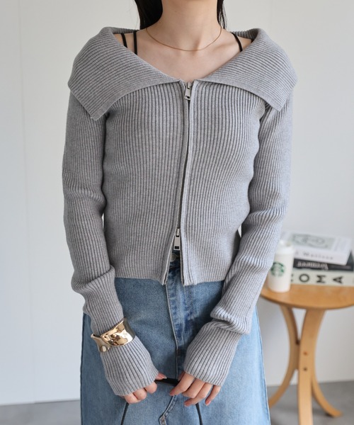 sakishimatokyo ニット セーター オフショルダージップアップニット
