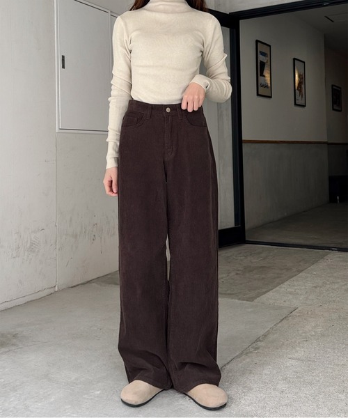 LE MORE パンツ コーデュロイワイドストレートパンツ レディース