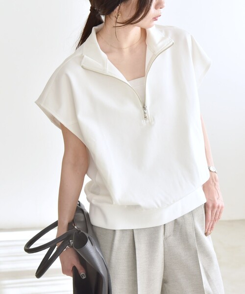 tシャツ quaranciel:「洗濯機可能」ライト ポンチ ハーフジップ フレンチスリーブ TEE レディース