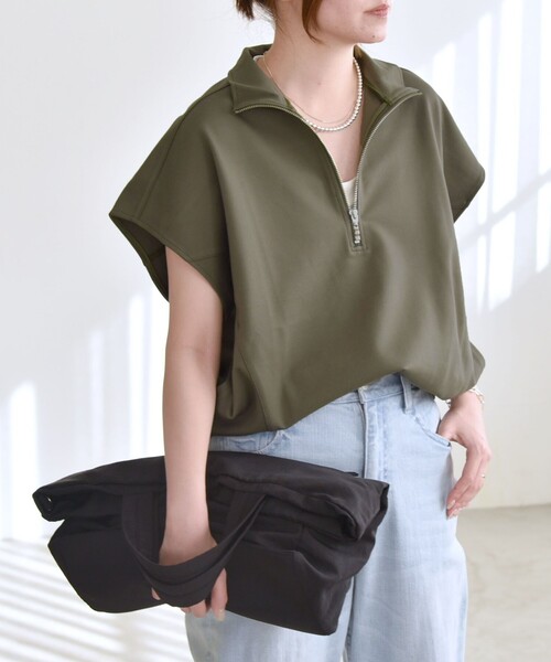 tシャツ quaranciel:「洗濯機可能」ライト ポンチ ハーフジップ フレンチスリーブ TEE レディース quaranciel tシャツ quaranciel:「洗濯機可能」ライト ポンチ