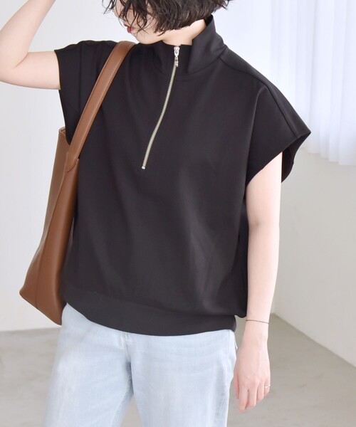 tシャツ quaranciel:「洗濯機可能」ライト ポンチ ハーフジップ フレンチスリーブ TEE レディース quaranciel tシャツ quaranciel:「洗濯機可能」ライト ポンチ