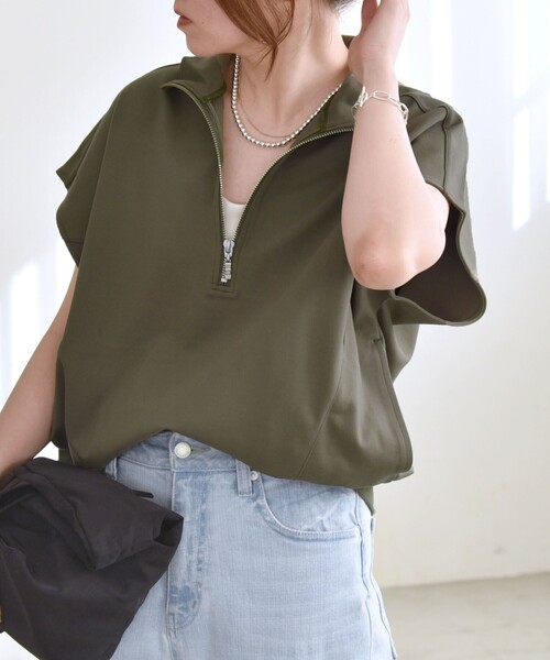 tシャツ quaranciel:「洗濯機可能」ライト ポンチ ハーフジップ フレンチスリーブ TEE レディース quaranciel tシャツ quaranciel:「洗濯機可能」ライト ポンチ