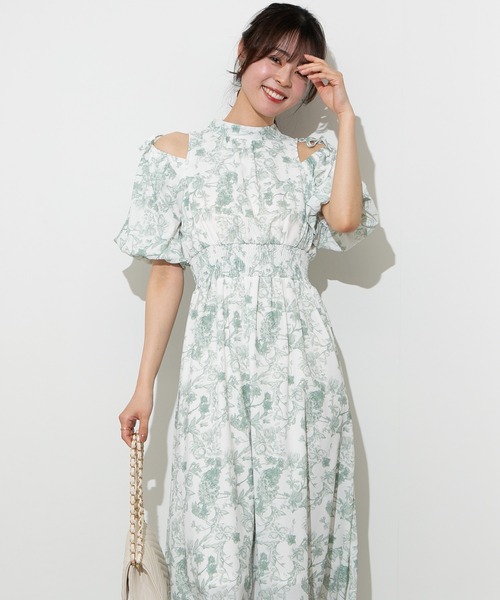 人気が高い pumpkin port ロング ボリューム袖 肩あき 花柄 ワンピース ワンピース