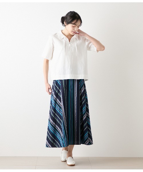 超美品！コットンシルクドビーストライプブラウス コットンドビーストライプブラウスl 50代・60代からの婦人服