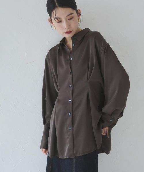 hunch（ハンチ） ブラウス シャツ マットサテン タックシャツ