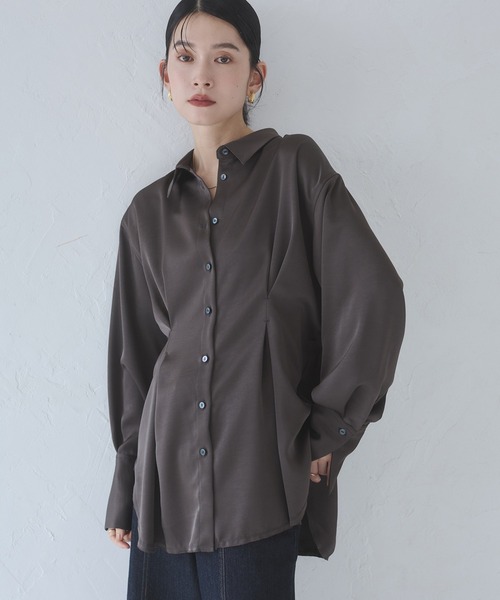 hunch（ハンチ） ブラウス シャツ マットサテン タックシャツ 