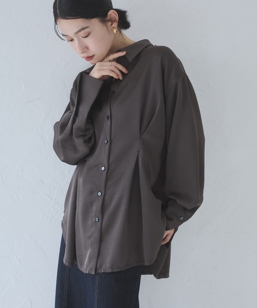 hunch（ハンチ） ブラウス シャツ マットサテン タックシャツ