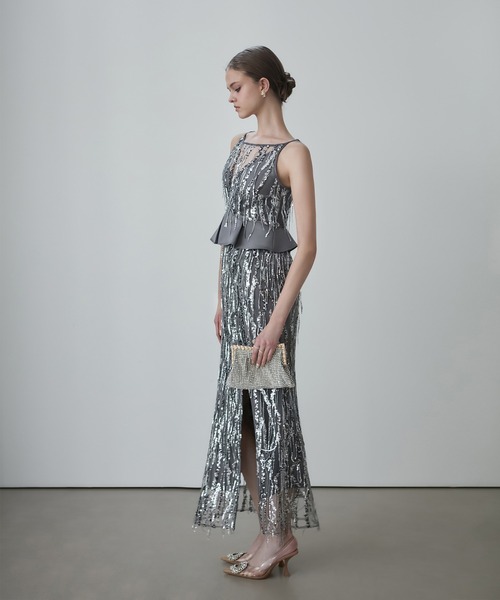 【あいこす】Leja パーティ ドレス S グレー Leja（レジャ） ドレス 「LEJA LUXE」シルバーフリンジスパンコール