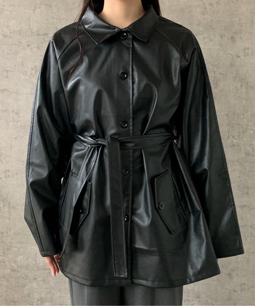 希少　BELLUCCI ゴートレザー　ステンカラーコート　M 黒　ベルト付 ジュノア JUNOAH PUレザーベルトスタンドカラーコート （ブラック