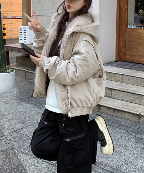 FAVORITO ブルゾン アウター フード付き裏ボアジャケット レディース