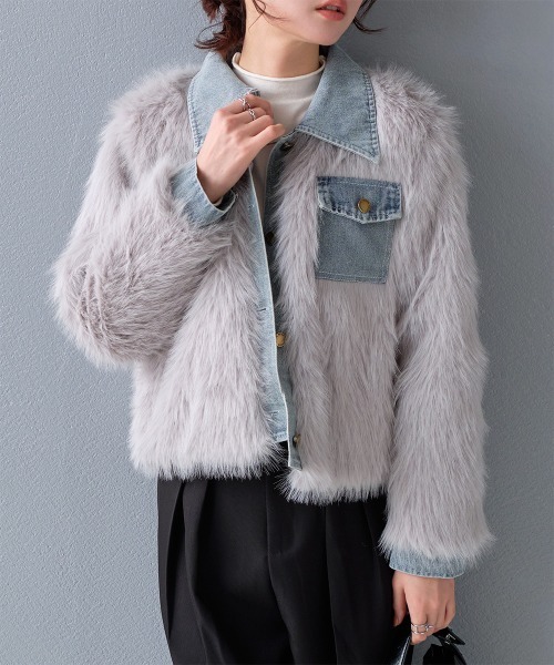 ブルゾン アウター デニムドッキング フェイクファージャケット