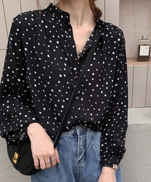 machatt スタンドカラーオーバーシャツ　ドット柄 シャツ 長袖 メンズ レディース レギュラーカラー ドット柄 水玉 白 黒