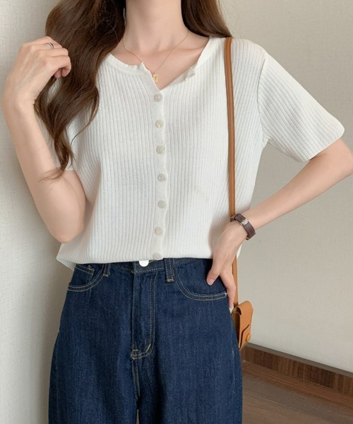 SEU カーディガン 夏 半袖 リブニット 半袖カーディガン トップス
