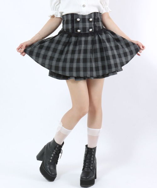 スカート パールボタン レースデザイン チェック柄ミニスカート