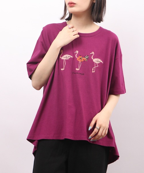 tシャツ EMAGO チェックプリント刺繍Ｔ レディース Emago tシャツ EMAGO フラミンゴ刺繍フレア半袖Tシャツ