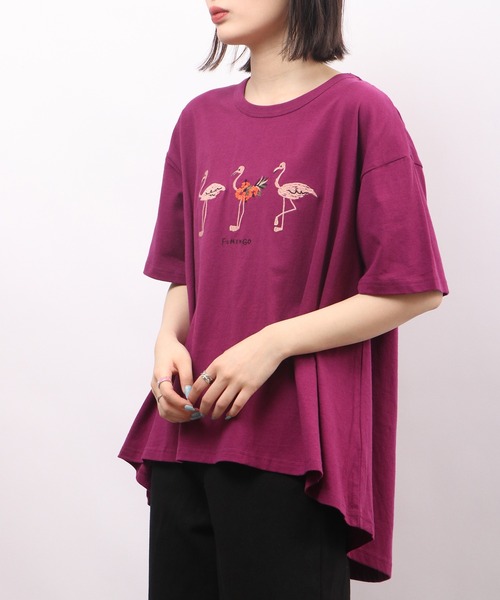 Emago tシャツ EMAGO フラミンゴ刺繍フレア半袖Tシャツ