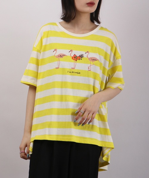 Emago（イマゴ） tシャツ 半袖 フラミンゴ刺繍フレア半袖Tシャツ
