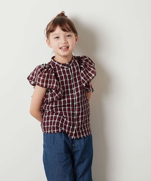 シャツ ブラウス 「100-130」「2WAY」シアーチェック柄ラッフル袖  