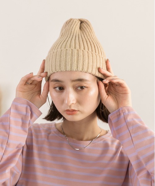 ami ベージュ リブ編み ニット帽 ad thie（アドティエ） ニット帽 ニットキャップ リブ編みニット帽